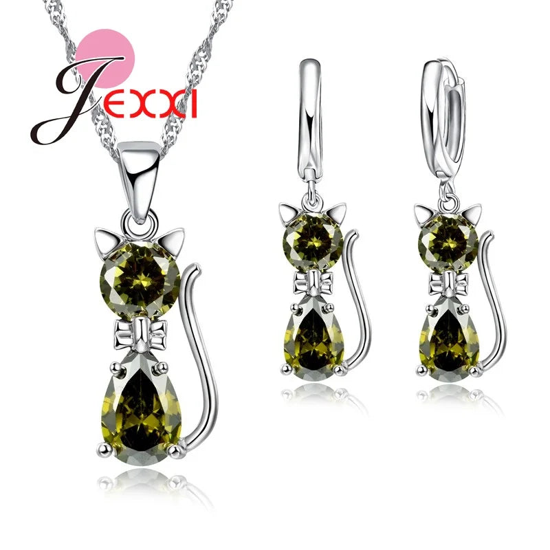 Cat Jewelry Set Genuine 925 Sterling Silver Cubic Zirconia Cat Necklace Pendant and Leverback Earrings