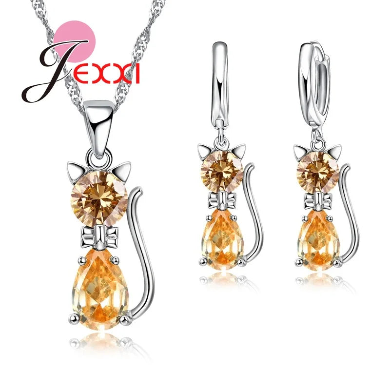 Cat Jewelry Set Genuine 925 Sterling Silver Cubic Zirconia Cat Necklace Pendant and Leverback Earrings