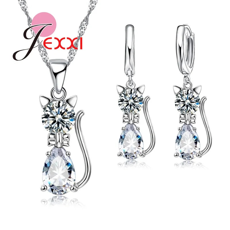 Cat Jewelry Set Genuine 925 Sterling Silver Cubic Zirconia Cat Necklace Pendant and Leverback Earrings