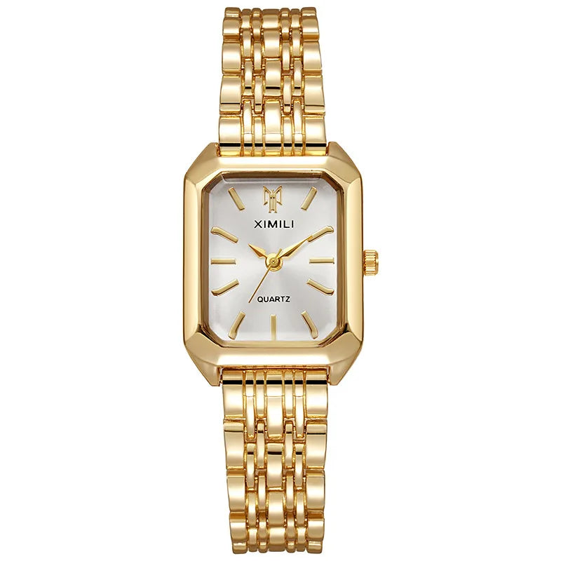 Women Fashion Quartz Watch Simple Scale Square Quality Gold Plated Stainless Steel Folding Clock