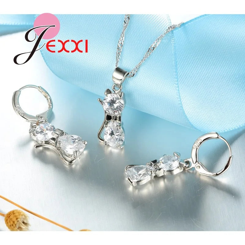 Cat Jewelry Set Genuine 925 Sterling Silver Cubic Zirconia Cat Necklace Pendant and Leverback Earrings