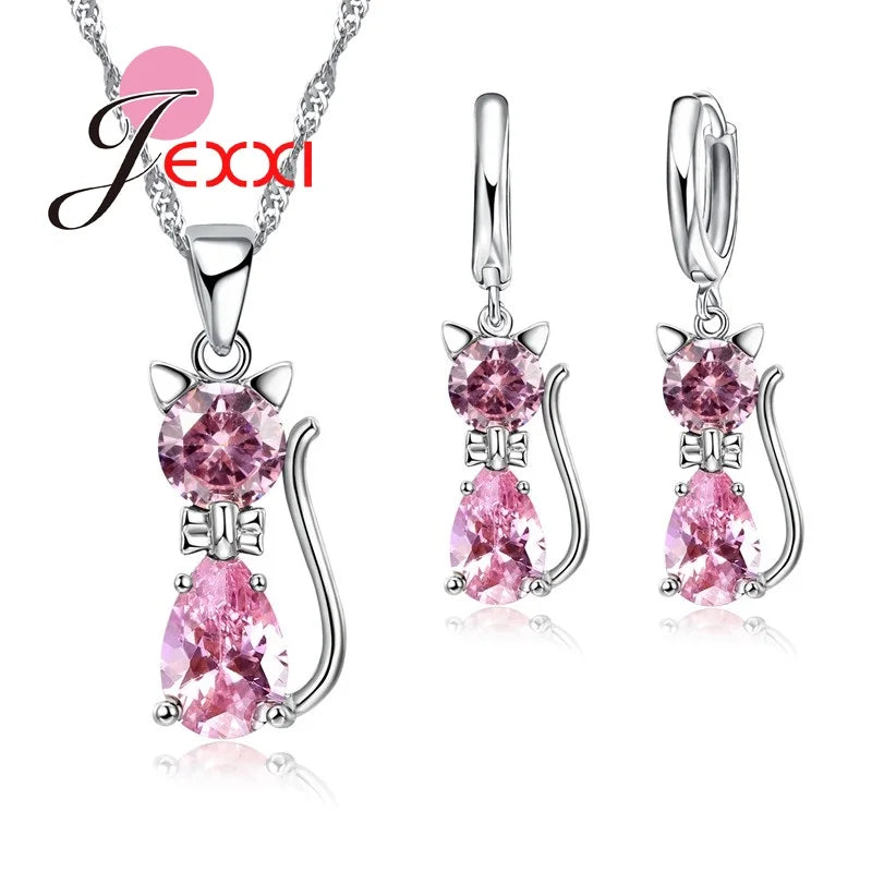 Cat Jewelry Set Genuine 925 Sterling Silver Cubic Zirconia Cat Necklace Pendant and Leverback Earrings