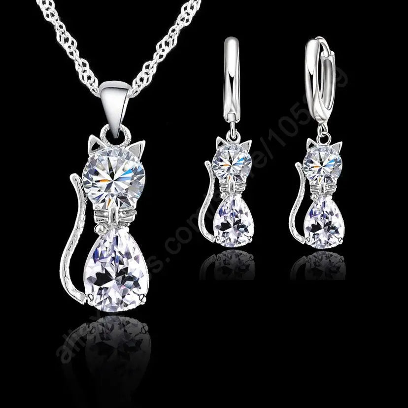 Cat Jewelry Set Genuine 925 Sterling Silver Cubic Zirconia Cat Necklace Pendant and Leverback Earrings