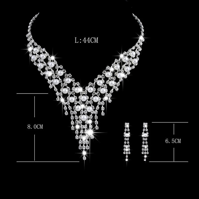 Luxury Long Tassels Jewelry Pearl Necklace Earing Set Crystal Zircon Wedding Bridal Jewelry Sets For Women