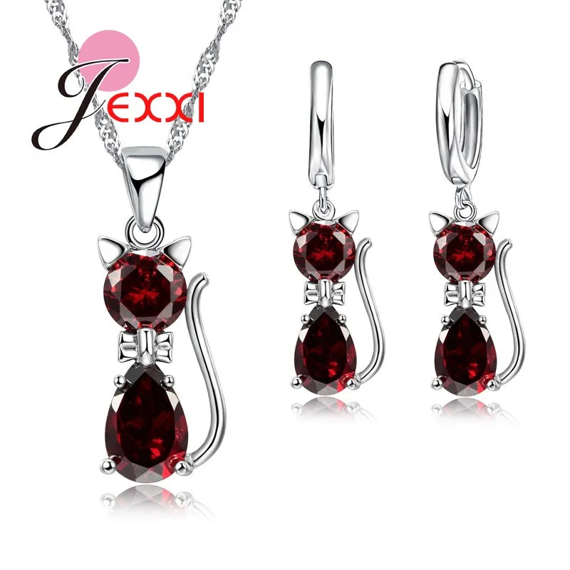 Cat Jewelry Set Genuine 925 Sterling Silver Cubic Zirconia Cat Necklace Pendant and Leverback Earrings