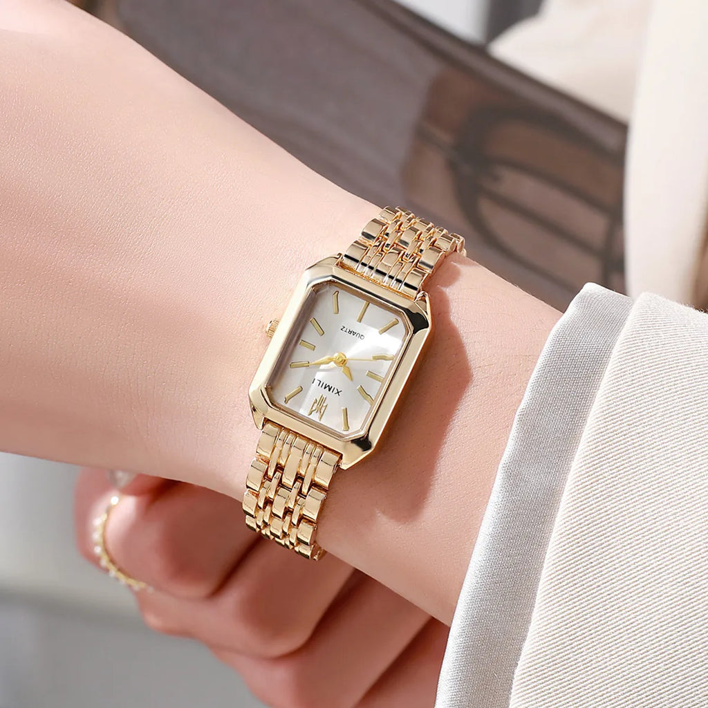 Women Fashion Quartz Watch Simple Scale Square Quality Gold Plated Stainless Steel Folding Clock
