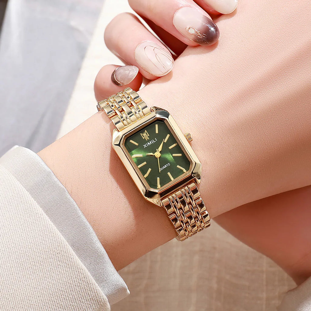 Women Fashion Quartz Watch Simple Scale Square Quality Gold Plated Stainless Steel Folding Clock