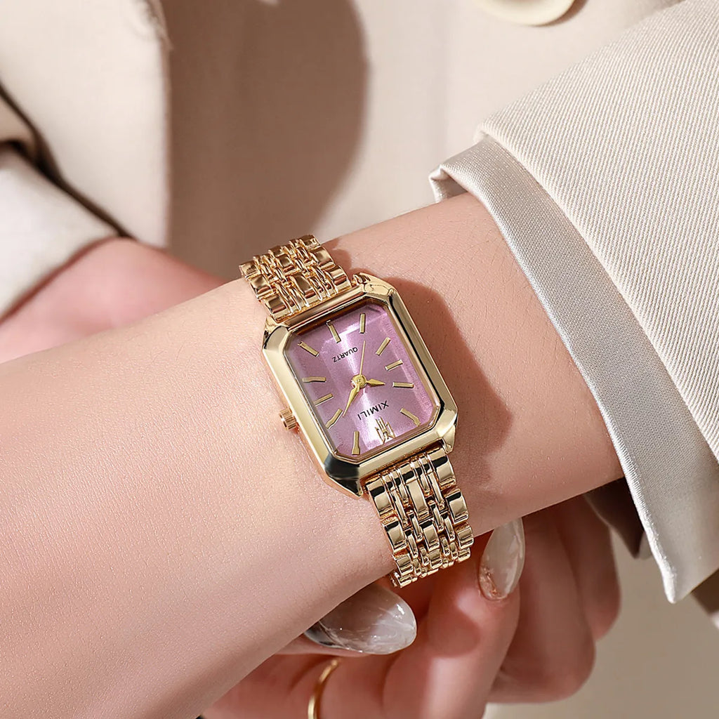 Women Fashion Quartz Watch Simple Scale Square Quality Gold Plated Stainless Steel Folding Clock