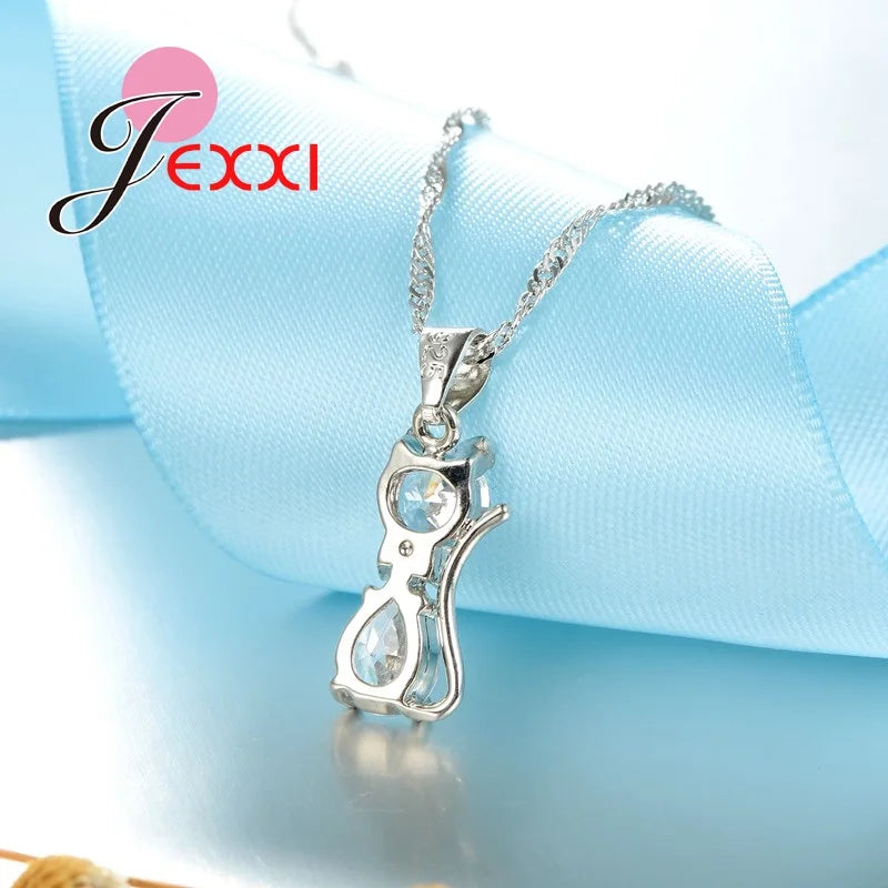 Cat Jewelry Set Genuine 925 Sterling Silver Cubic Zirconia Cat Necklace Pendant and Leverback Earrings