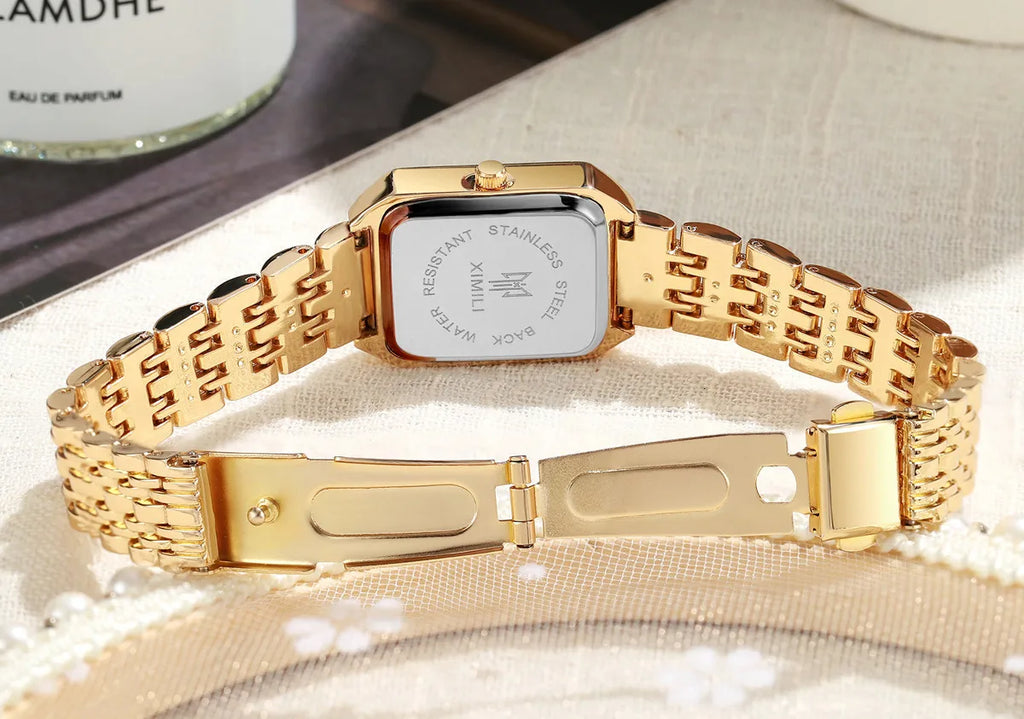 Women Fashion Quartz Watch Simple Scale Square Quality Gold Plated Stainless Steel Folding Clock