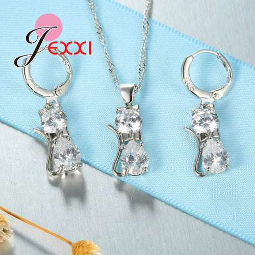 Cat Jewelry Set Genuine 925 Sterling Silver Cubic Zirconia Cat Necklace Pendant and Leverback Earrings