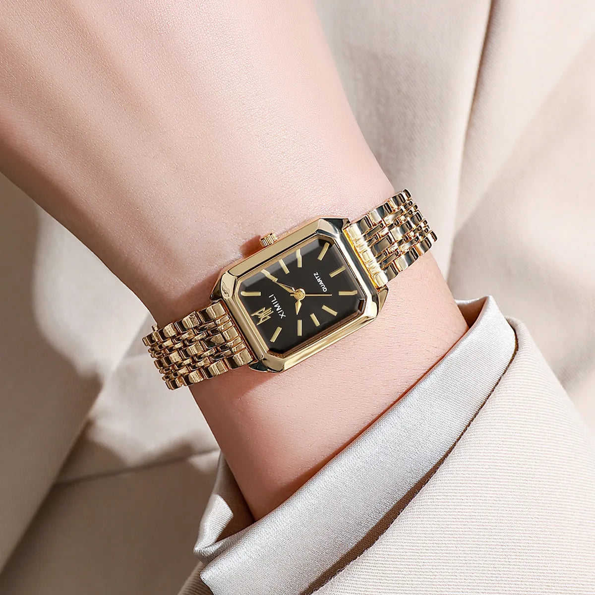 Women Fashion Quartz Watch Simple Scale Square Quality Gold Plated Stainless Steel Folding Clock