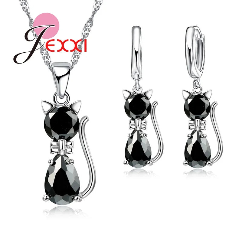 Cat Jewelry Set Genuine 925 Sterling Silver Cubic Zirconia Cat Necklace Pendant and Leverback Earrings