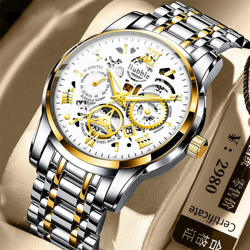 UTHAI Men High end Light Luxury Versatile Quartz Wristwatches Waterproof Roman Hollow Clock Watch