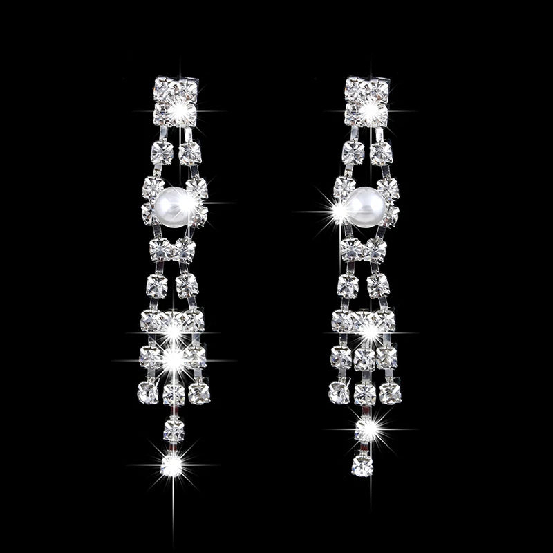 Luxury Long Tassels Jewelry Pearl Necklace Earing Set Crystal Zircon Wedding Bridal Jewelry Sets For Women