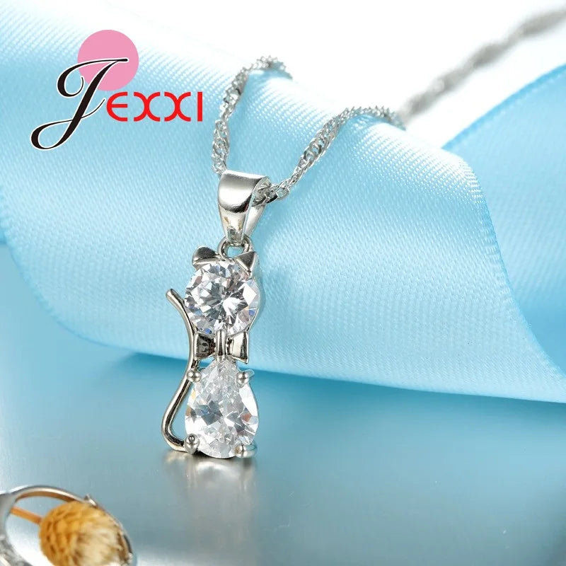 Cat Jewelry Set Genuine 925 Sterling Silver Cubic Zirconia Cat Necklace Pendant and Leverback Earrings