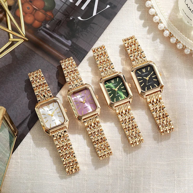 Women Fashion Quartz Watch Simple Scale Square Quality Gold Plated Stainless Steel Folding Clock