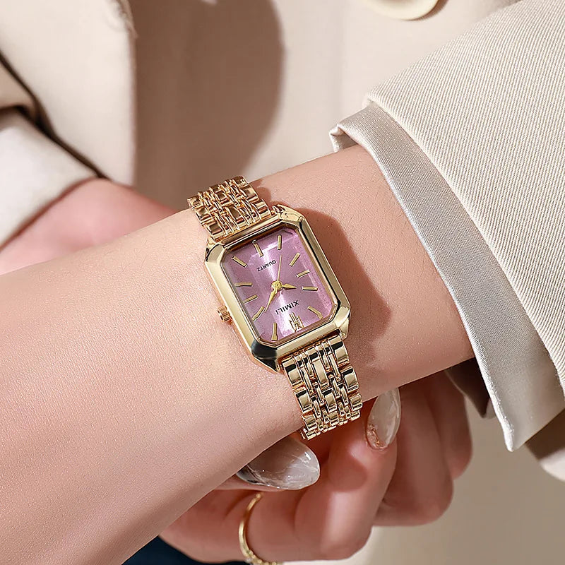 Women Fashion Quartz Watch Simple Scale Square Quality Gold Plated Stainless Steel Folding Clock