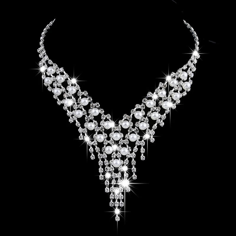 Luxury Long Tassels Jewelry Pearl Necklace Earing Set Crystal Zircon Wedding Bridal Jewelry Sets For Women